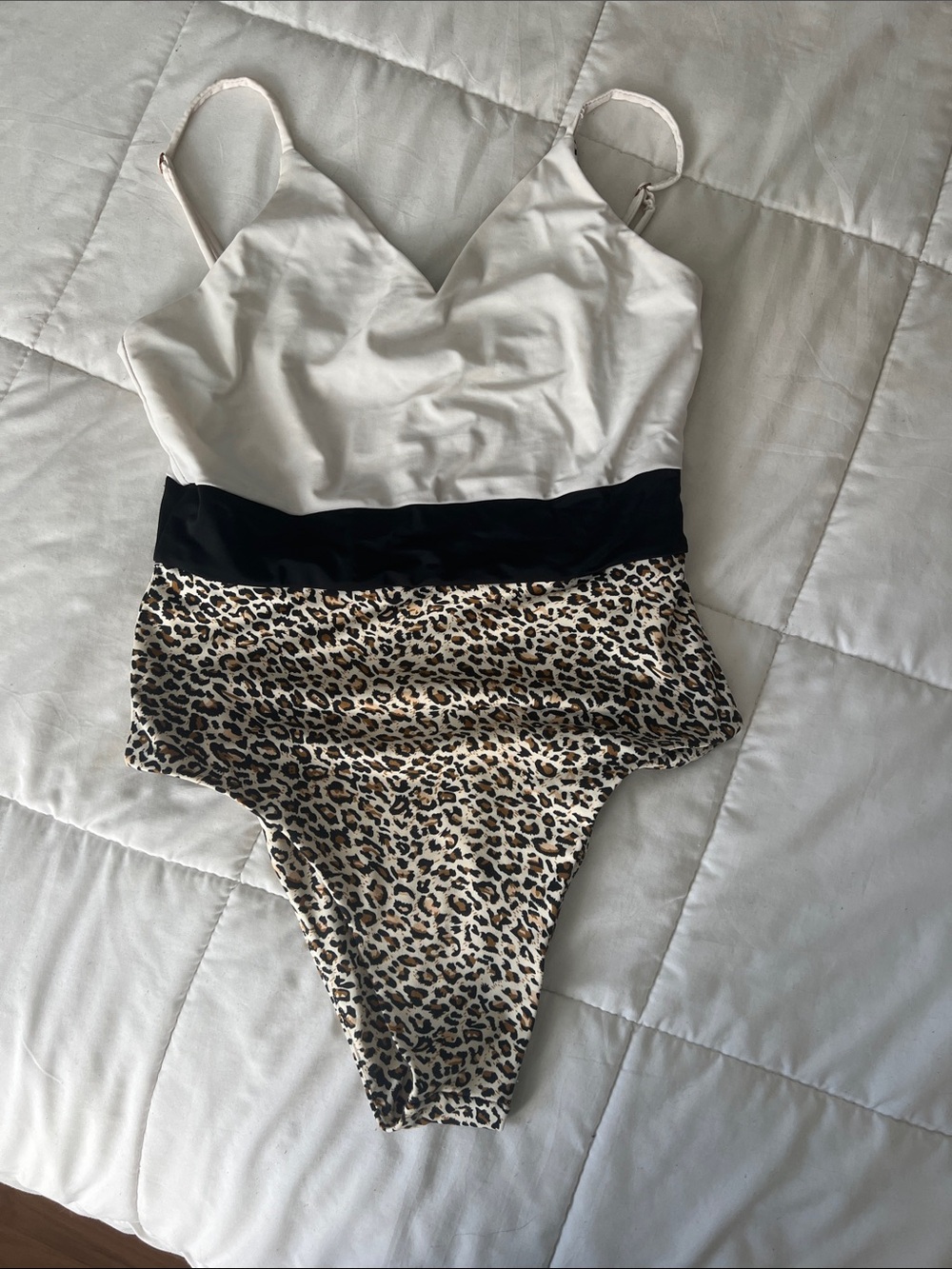 Kittenish White, Black & Leopard Print One-Piece Swimsuit